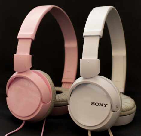 High-quality pink and white Sony headphones with a sleek design. Perfect for music lovers.