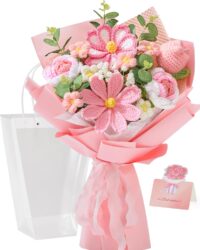 flower bouquet, pink handmade knitted flowers, crochet tulips galsang flower for mother's day anniversary