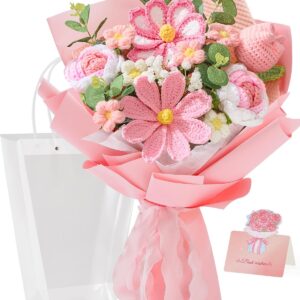 flower bouquet, pink handmade knitted flowers, crochet tulips galsang flower for mother's day anniversary