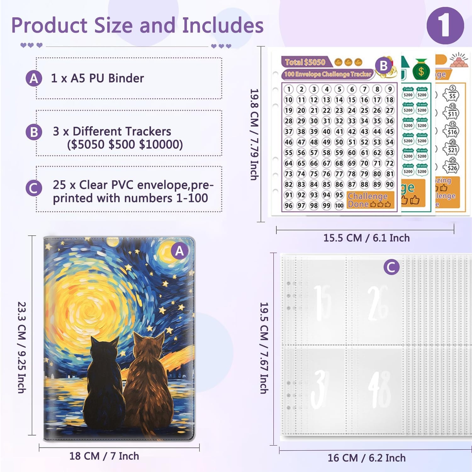 100 Envelope Money Saving Challenge Binder – A5 Starry Night Budget Binder with Cash Envelopes & Savings Trackers - Image 7