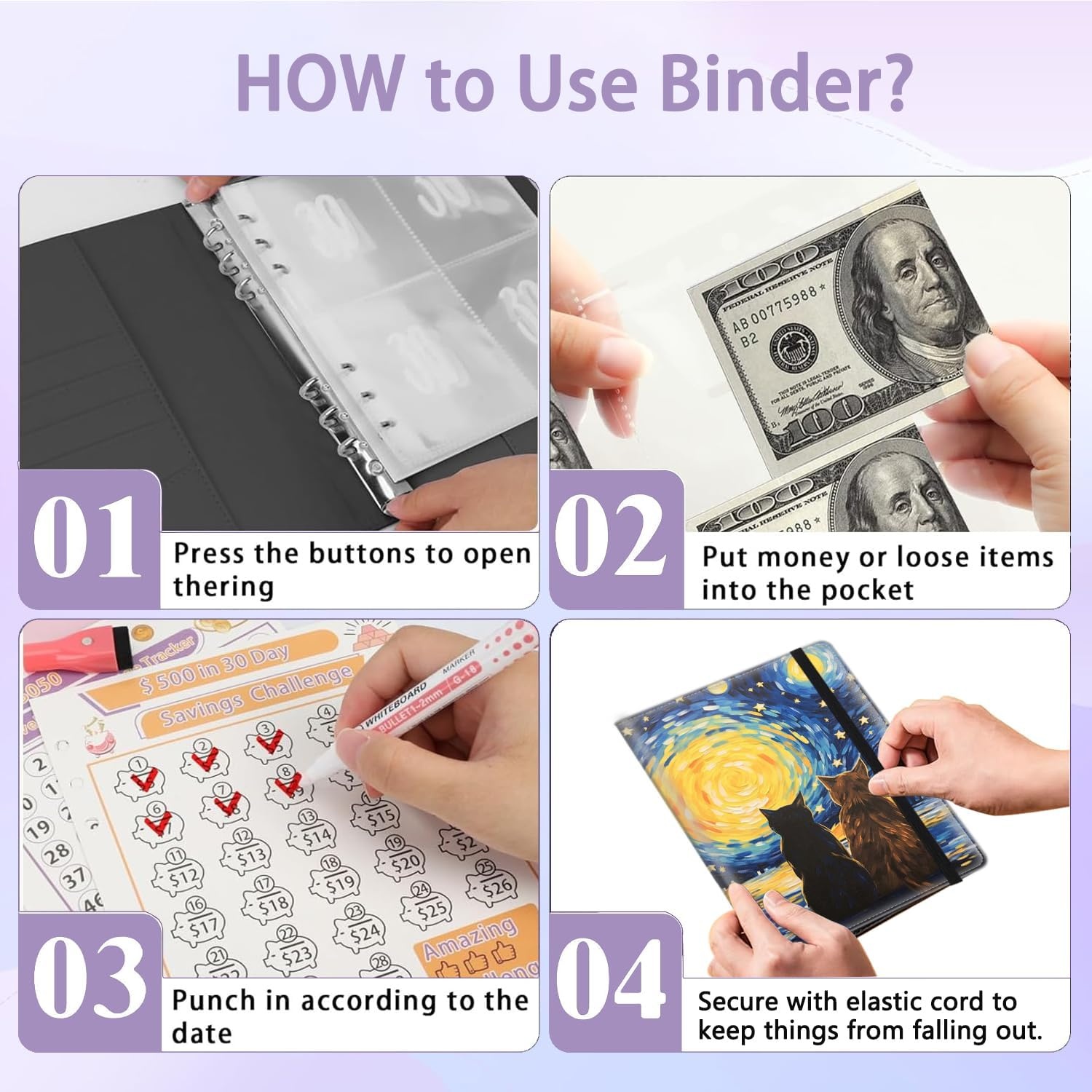 100 Envelope Money Saving Challenge Binder – A5 Starry Night Budget Binder with Cash Envelopes & Savings Trackers - Image 3