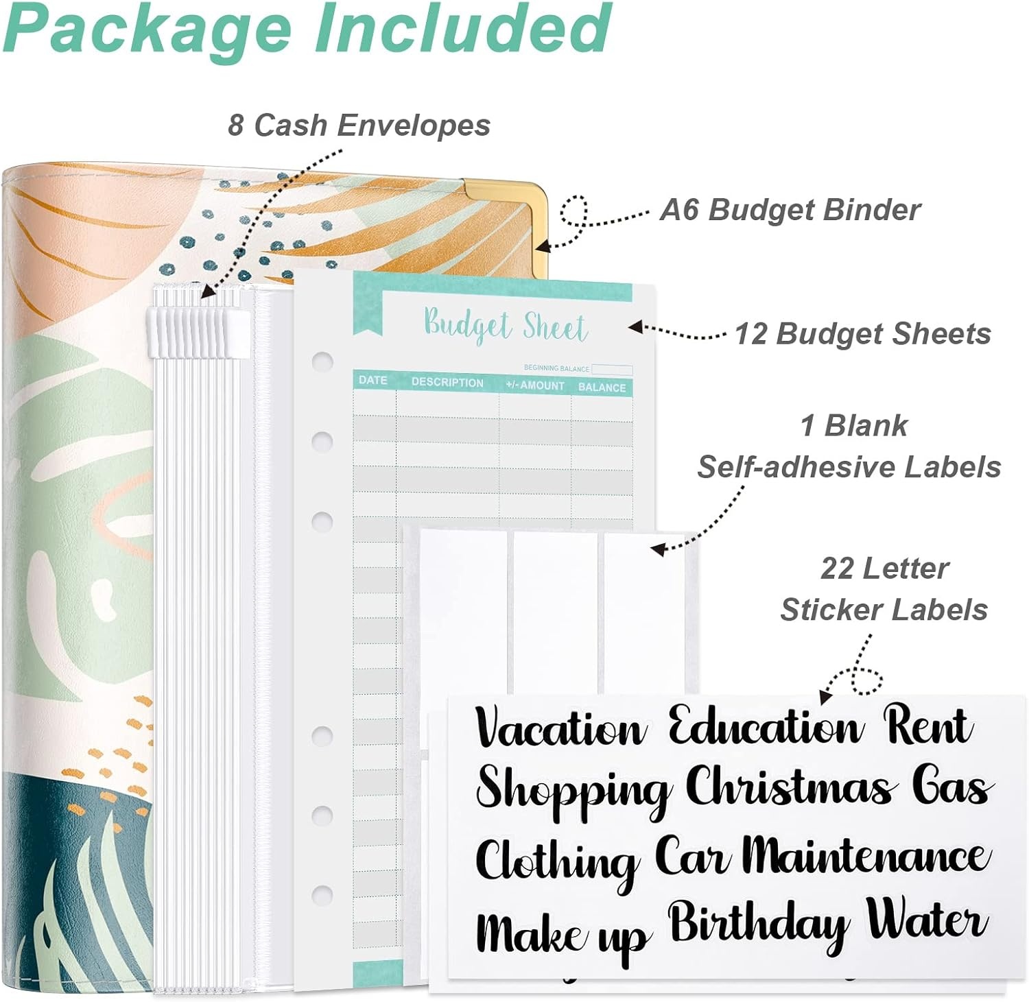 A6 Budget Binder with Cash Envelopes – Money Saving Budget Binder, PU Leather Cash Budget Organizer, Budget Planner Wallet with Zipper Envelopes for Cash Stuffing, Money Organizer for Bills & Savings, Tropical Leaves - Image 6